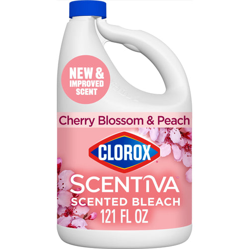 Front-facing Clorox Scentiva Cherry Blossom & Peach scented bleach jug with pink label