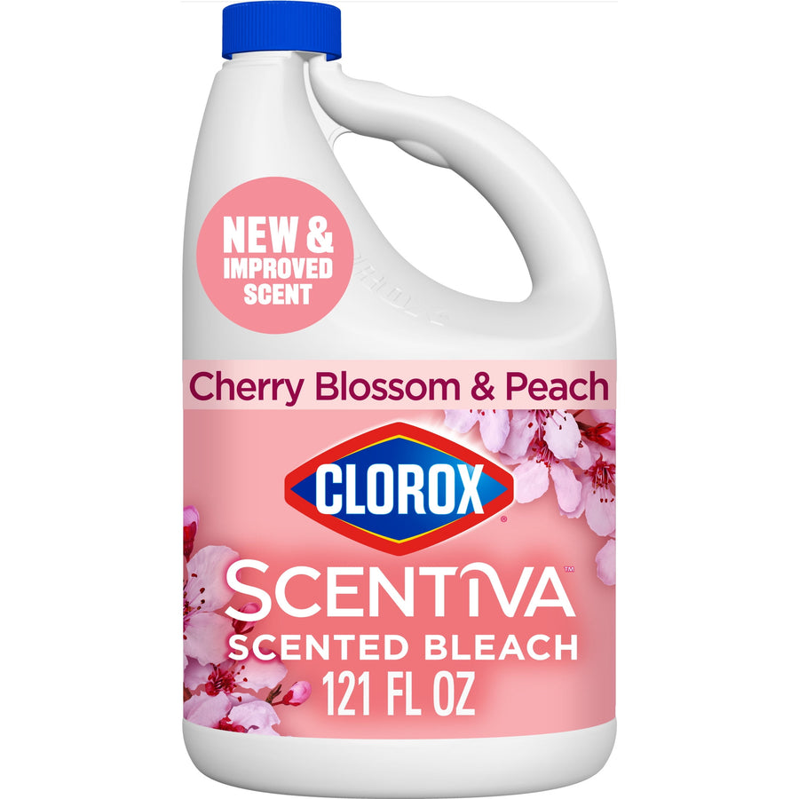 Front-facing Clorox Scentiva Cherry Blossom & Peach scented bleach jug with pink label