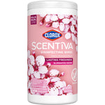 Close-up of Clorox Scentiva Cherry Blossom & Peach disinfecting wipes canister showing floral label and brand logo