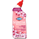Pink Clorox Scentiva bathroom toilet cleaning gel bottle with cherry blossom graphics and red cap, 24 fl oz label visible