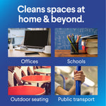 Lifestyle-style infographic grid showing offices, schools, outdoor seating and public transport with headline about cleaning spaces.