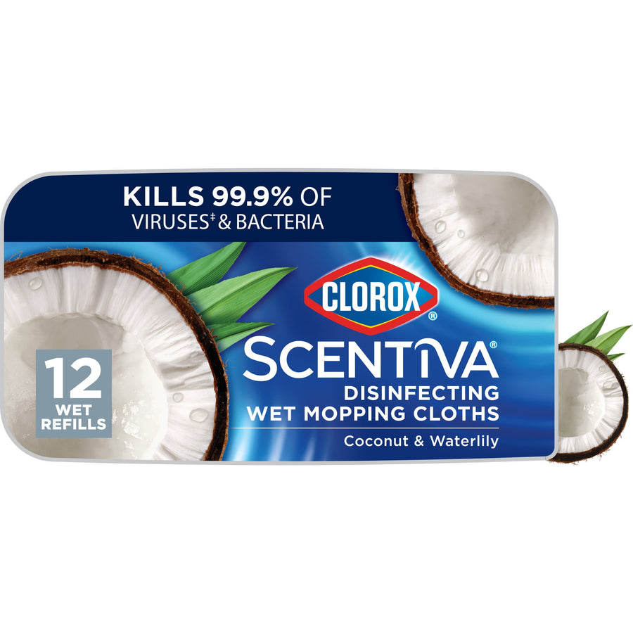 Clorox Scentiva coconut & waterlily disinfecting wet mopping cloths package with coconut graphic and 12 wet refills badge.