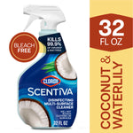 Clorox Scentiva Coconut & Waterlily disinfecting multi-surface cleaner bottle with coconut graphics and 32 fl oz panel.