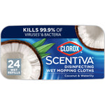 Close-up of Clorox Scentiva Coconut & Waterlily rectangular wet mopping cloths package label with coconut imagery