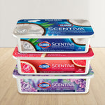 stack of clorox scentiva disinfecting wet mopping cloth tubs in assorted scents, each labeled 24 wet refills