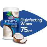 Clorox Scentiva disinfecting wipes tub with coconut halves and graphic text showing 75 ct on blue background.