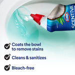 Clorox Scentiva toilet cleaning gel nozzle dispensing blue-green gel into a toilet bowl with usage callouts