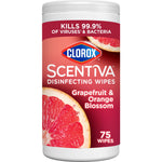 Tall cylindrical canister of Clorox Scentiva disinfecting wipes with grapefruit & orange blossom label and grapefruit image