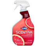 Clorox Scentiva grapefruit multi-surface cleaner spray bottle on white background with grapefruit graphics.