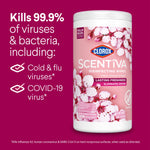 Marketing graphic showing a Clorox Scentiva Cherry Blossom & Peach canister with text claiming kills 99.9% of viruses & bacteria