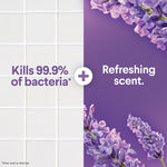 Split graphic with white tiled left and purple floral right reading “Kills 99.9% of bacteria” and “Refreshing scent.”