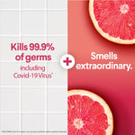 Split-panel graphic stating "Kills 99.9% of germs including Covid-19 Virus" alongside grapefruit slices.
