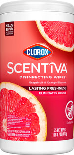 Close-up of Clorox Scentiva disinfecting wipes container label showing Clorox logo, grapefruit image and product claims