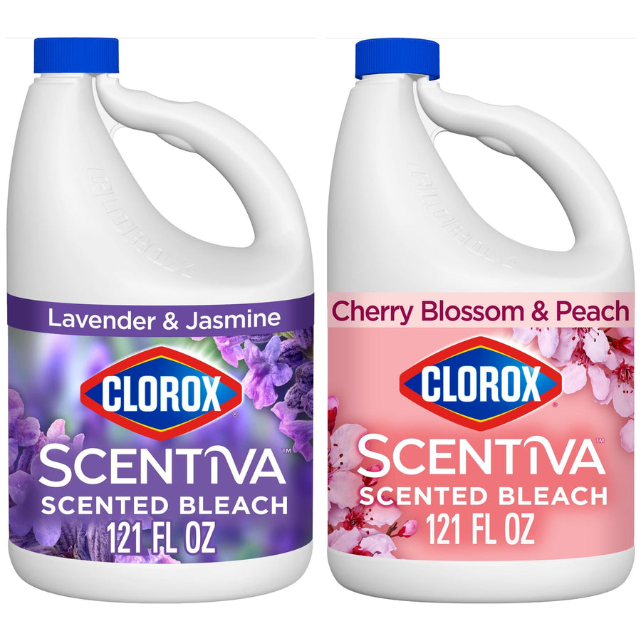 Two Clorox Scentiva scented bleach bottles side-by-side: Lavender & Jasmine (purple) and Cherry Blossom & Peach (pink) front labels visible.