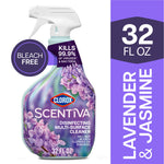 Clorox Scentiva lavender & jasmine disinfecting multi-surface spray bottle with purple floral label and 32 fl oz callout