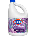 Clorox Scentiva lavender & jasmine bleach bottle showing product label, purple floral graphics and blue screw cap.