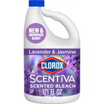 Front-facing Clorox Scentiva lavender & jasmine scented bleach jug with purple floral label and blue cap.