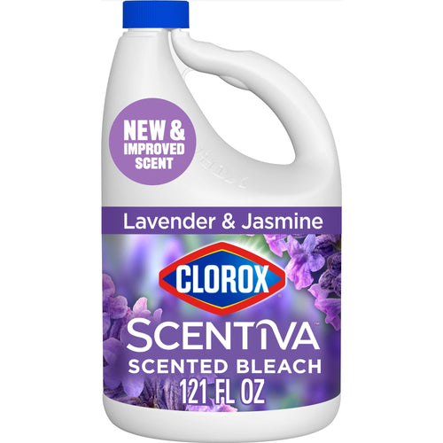 Front-facing Clorox Scentiva lavender & jasmine scented bleach jug with purple floral label and blue cap.