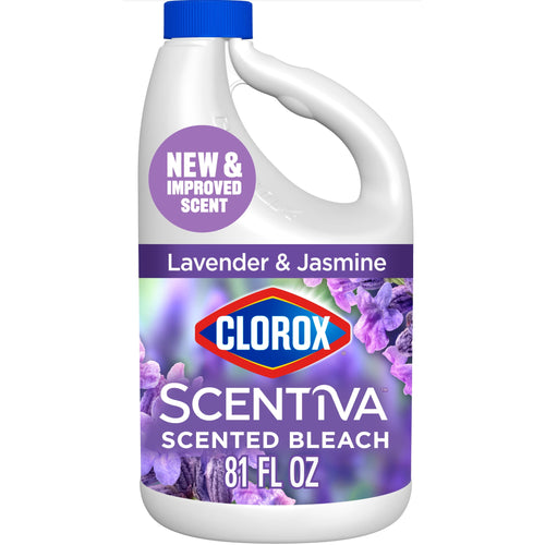 Front-facing Clorox Scentiva scented bleach bottle labeled Lavender & Jasmine with purple floral imagery