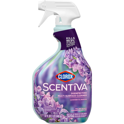 Clorox Scentiva disinfecting multi-surface cleaner bottle in lavender and jasmine scent with trigger spray on white background