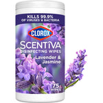 Cylindrical Clorox Scentiva disinfecting wipes container with lavender and jasmine floral graphics
