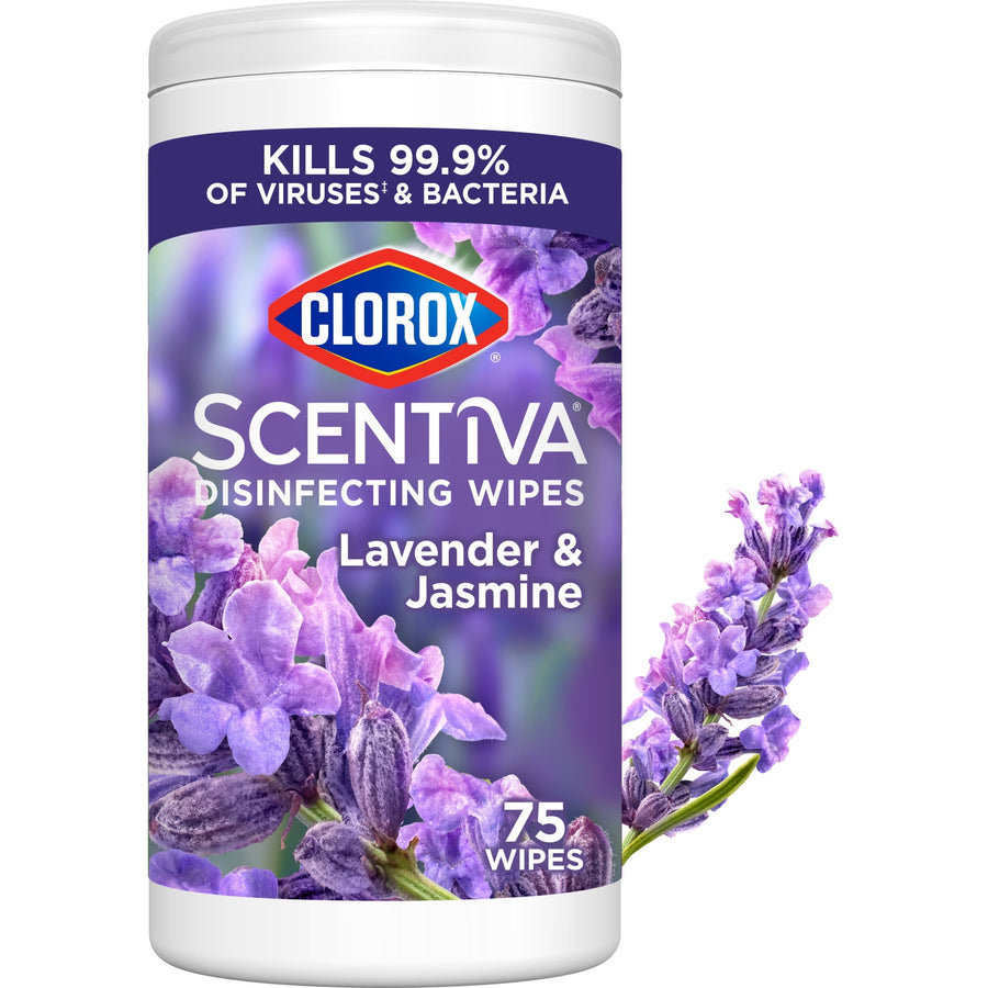 Cylindrical Clorox Scentiva disinfecting wipes container with lavender and jasmine floral graphics