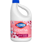 Clorox Scentiva scented bleach jug showing pink floral label, Clorox logo and blue screw cap