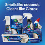 Range of Clorox Scentiva products including wipes, spray, and toilet gel displayed with headline 'Smells like coconut. Cleans like Clorox.'