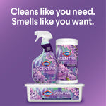 Product lifestyle graphic featuring Clorox Scentiva spray bottle, wipes canister and refill tub under slogan about cleaning and scent