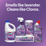 Promotional group shot of Clorox Scentiva product line including scented bleach, spray, wipes and toilet cleaner on purple background