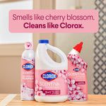 Product lineup photo showing three Clorox Scentiva Cherry Blossom & Peach products with overlay text “Smells like cherry blossom. Cleans like Clorox.”