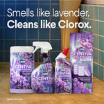 Lifestyle-style image showing a range of Clorox Scentiva lavender product lineup including ToiletWand refills in a tiled bathroom scene.