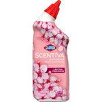 Clorox Scentiva pink toilet cleaning gel bottle with cherry blossom artwork and angled red nozzle cap on white background
