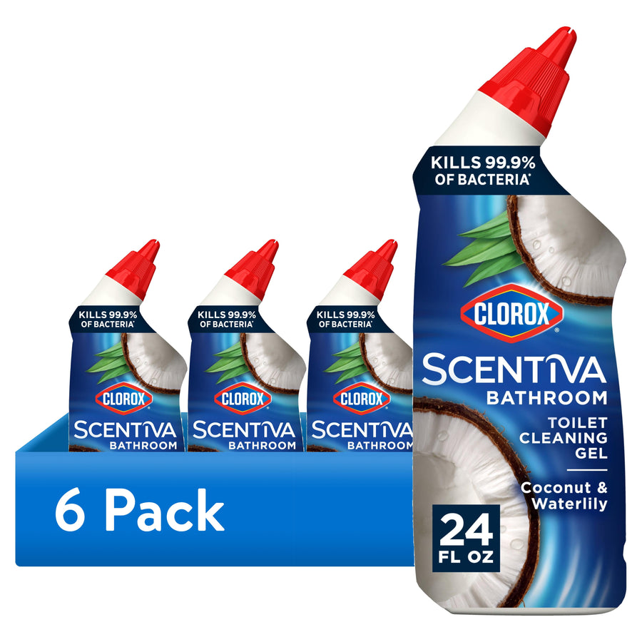 Six-pack display of Clorox Scentiva Bathroom toilet cleaning gel with coconut imagery and prominent 6 Pack label