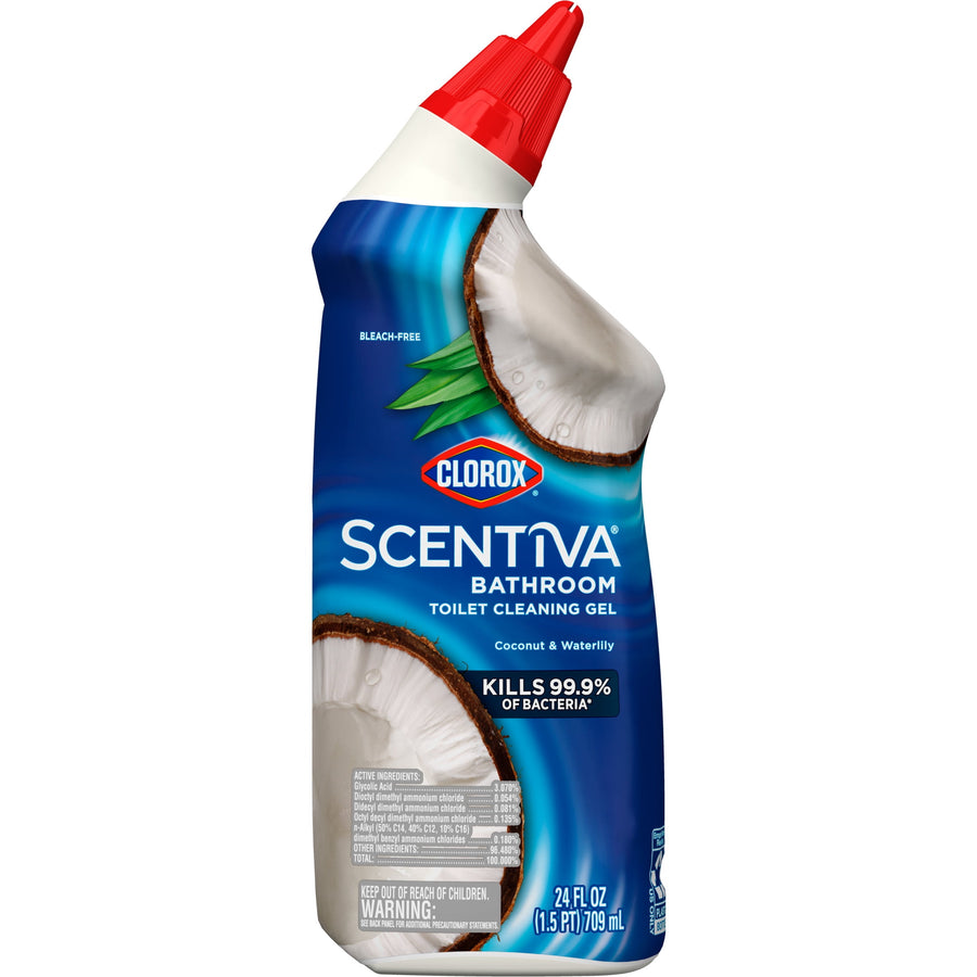 Angled Clorox Scentiva bathroom toilet cleaning gel bottle showing coconut graphic and red angled nozzle