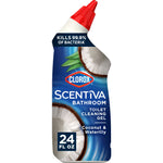 Single bottle of Clorox Scentiva Bathroom toilet cleaning gel with coconut graphic and red angled nozzle