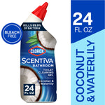 Front-facing Clorox Scentiva toilet cleaning gel bottle with coconut imagery and 24 fl oz callout