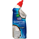 Clorox Scentiva Bathroom toilet cleaning gel bottle showing label artwork, coconut imagery, and product details