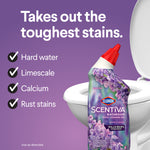 Product lifestyle graphic showing Clorox Scentiva toilet gel beside a toilet and text claiming it removes tough stains