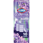 Front view of Clorox Scentiva ToiletWand refills box with lavender and jasmine imagery and stacked purple pads.