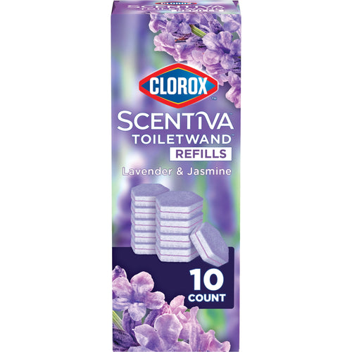 Front view of Clorox Scentiva ToiletWand refills box with lavender and jasmine imagery and stacked purple pads.
