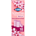 Tall pink Clorox Scentiva ToiletWand refills box with cherry blossom imagery