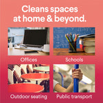 Retail infographic showing use cases: offices, schools, outdoor seating, and public transport under "Cleans spaces at home & beyond."