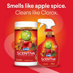 Promotional graphic showing Clorox Scentiva wipes container and spray bottle with tagline 'Smells like apple spice'