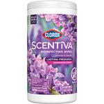 Front view of Clorox Scentiva disinfecting wipes canister showing brand logo and lavender imagery