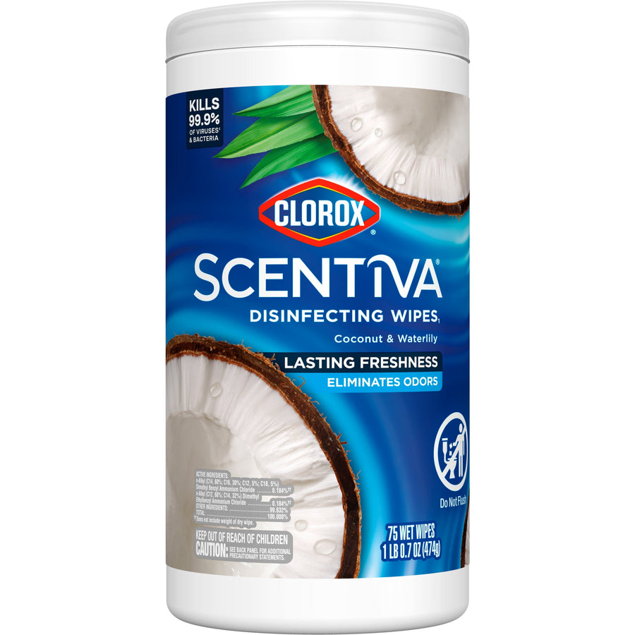 Close-up product shot of Clorox Scentiva disinfecting wipes cylindrical tub with coconut imagery and blue label.