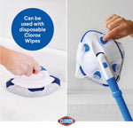 Two-panel image demonstrating Clorox scrubber pad used with disposable wipes and showing pad attached to extendable handle