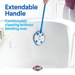 Scrubber with blue extendable handle being used to clean inside a white bathtub, overlaid text 'Extendable Handle'.