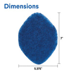 Blue pointed Clorox scrubber pad shown with dimensions annotated: about 5.375 inches wide and 7 inches tall