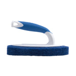 Side profile of Clorox scrubber showing blue handle arching above white base and thick blue scouring pad